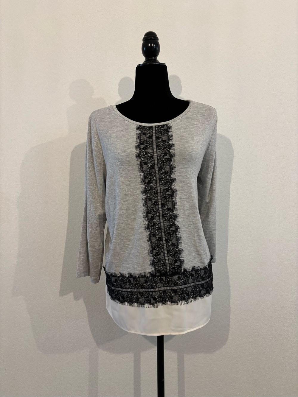Talbots Gray Long Sleeve Top with Black Lace and White Hem